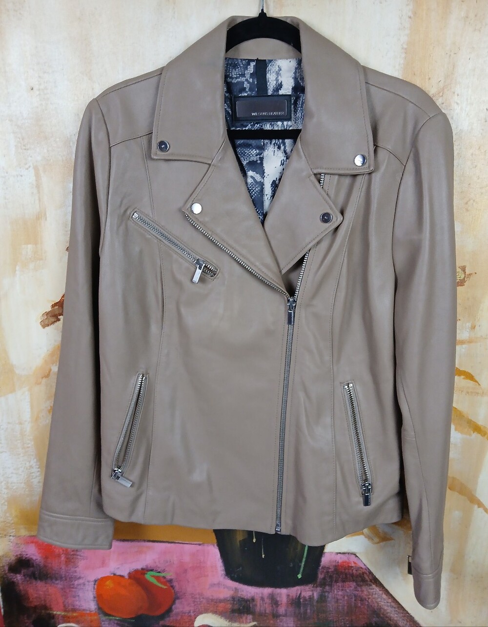 Wilsons Leather Tan Genuine Leather Asymmetrical Moto Jacket Snake Lining